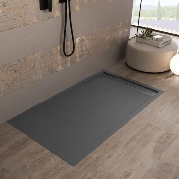 Receveur de douche en résine gris foncé avec trou latéral GRID