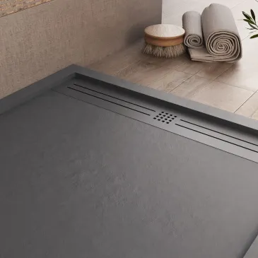 Receveur de douche en résine gris foncé avec trou latéral GRID