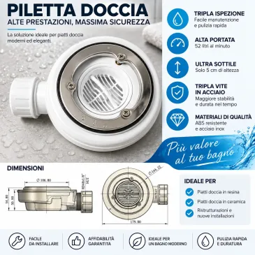 Piletta di scarico ribassata per piatto doccia 90mm