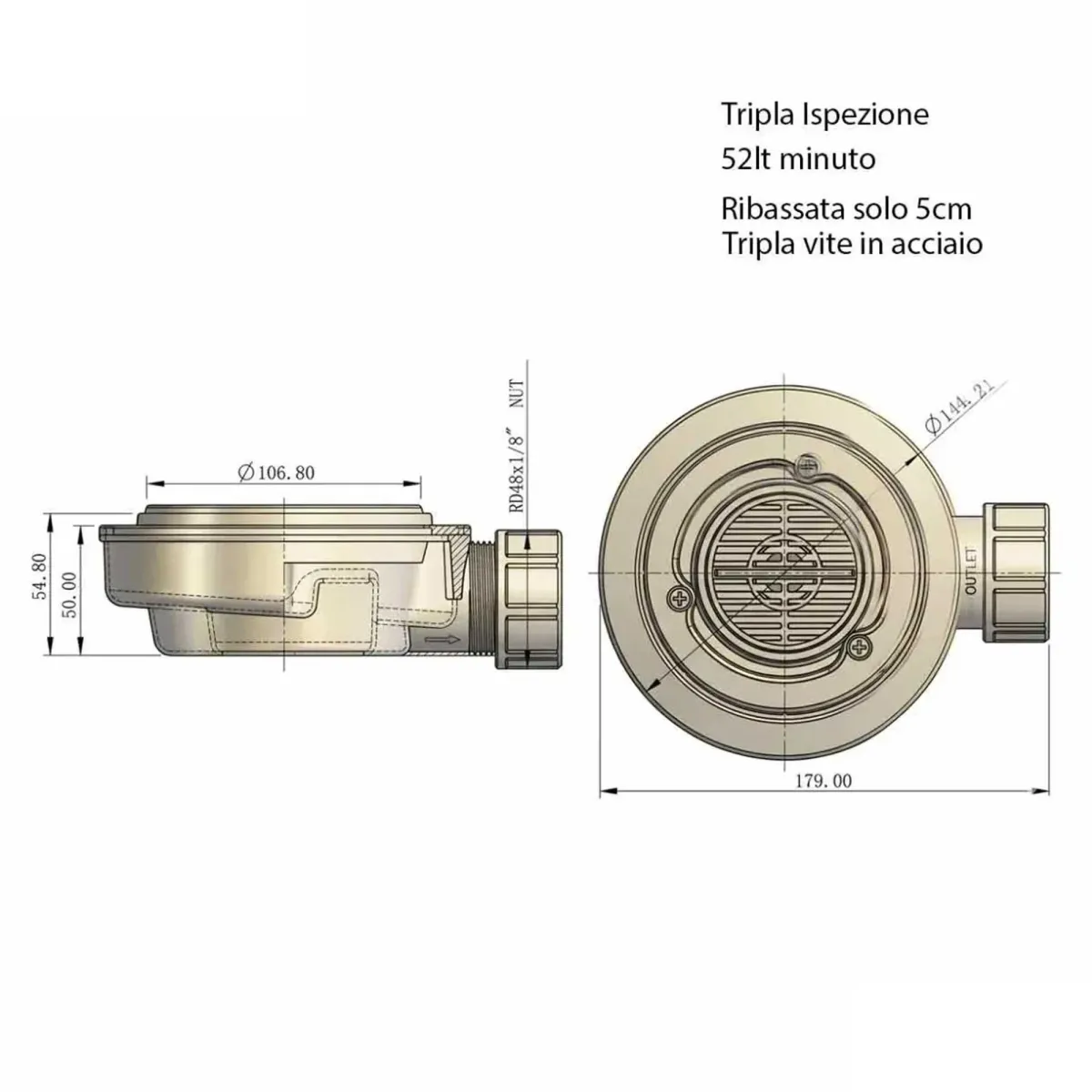 Piletta di scarico ribassata per piatto doccia 90mm