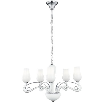 I-ANGEL/5 - Lampadario a Sospensione Classico Vetro Soffiato Bianco Trasparente Decoro Cromato E14