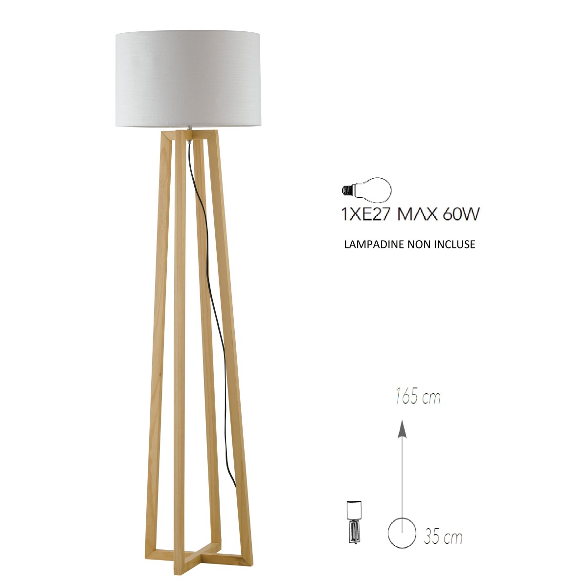 Berry Stehlampe aus Naturholz und Stofflampenschirm H.165