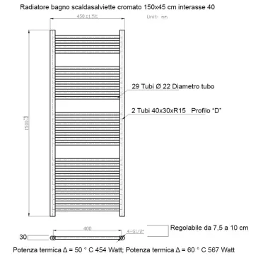 Termoarredo scaldasalviette 1500x450 cromato interasse 400 mm